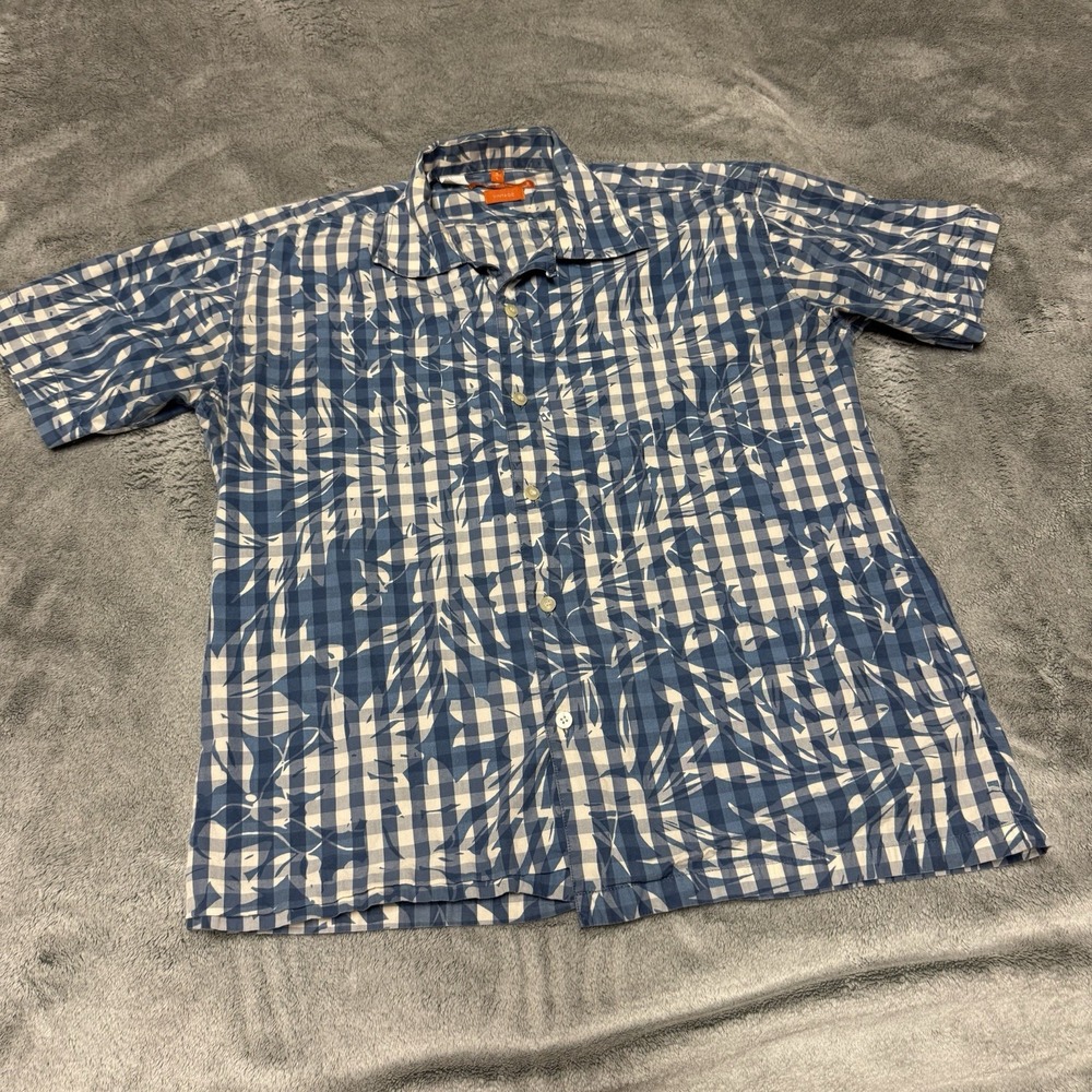 Ben Sherman Shirt Men's Large Blue Short-Sleeve Stretch Fit Loop Collar Floral